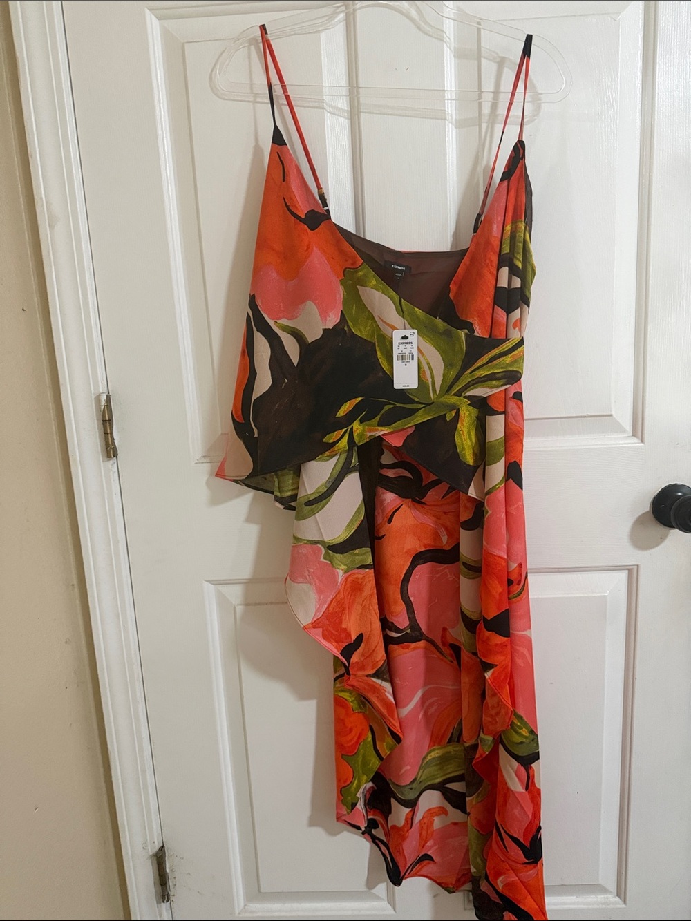 Express Floral Asymmetric Slip Dress in Coral & Green